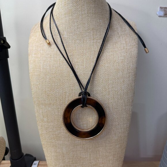 Chicos Tortoiseshell Pendant Necklace With Adjustable Black Cord Chain - Picture 3 of 10